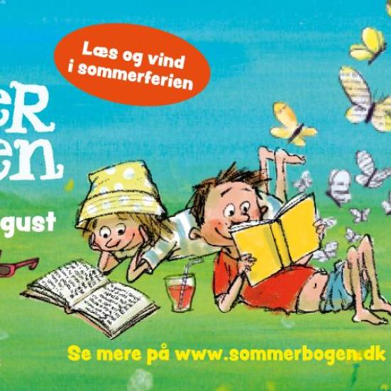 Tegning med læsende børn og sommerbogens logo