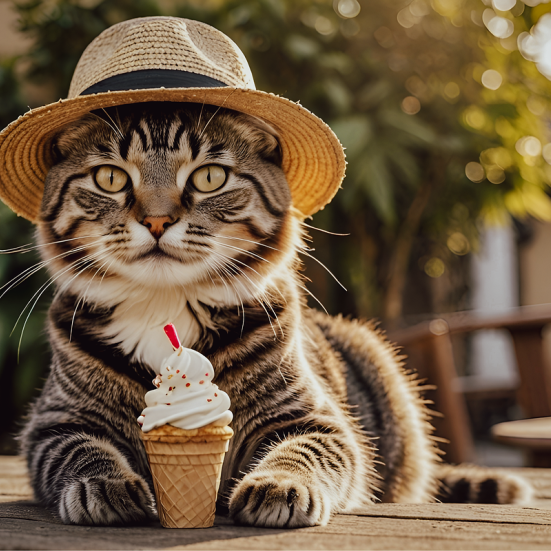 En kat med hat der spiser is