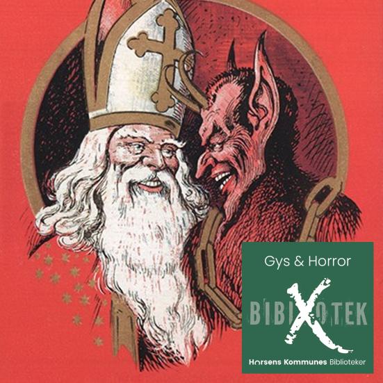 Julemanden og Krampus med logo for podcasten Bibliotek X