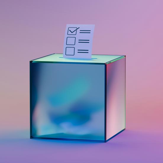 3D-illustration af en stemmeurne med en stemmeseddel med afkrydsningsfelter.