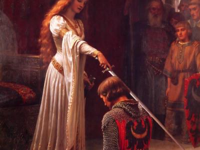 Maleri i middelalderligt tema, forestillende en kvinde der lægger et sværd på skulderen af en knælende mand i rustning