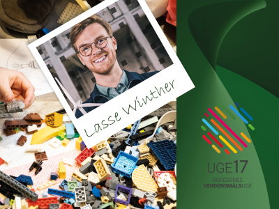 Børn der bygger med legoklodser og et foto at youtuber Lasse Winther og Uge 17-logo