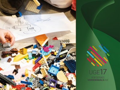 Børn der bygger med legoklodser og Uge 17-logo