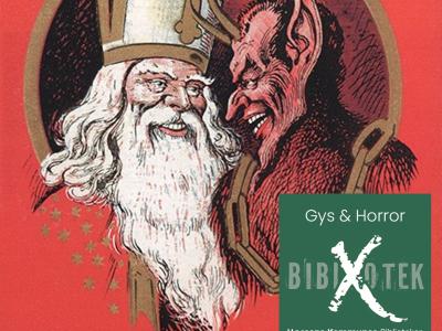 Julemanden og Krampus med logo for podcasten Bibliotek X