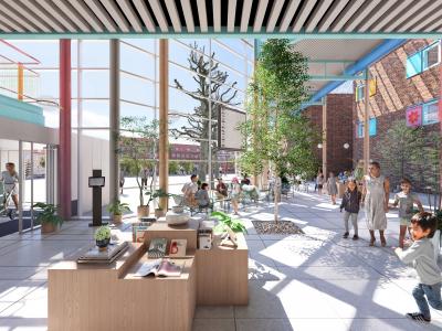 Foreløbig visualisering af hall'en i det nye fælles hus