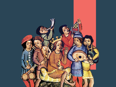 Grafik af en gruppe der spiller og synger folkeviser i middelalderen