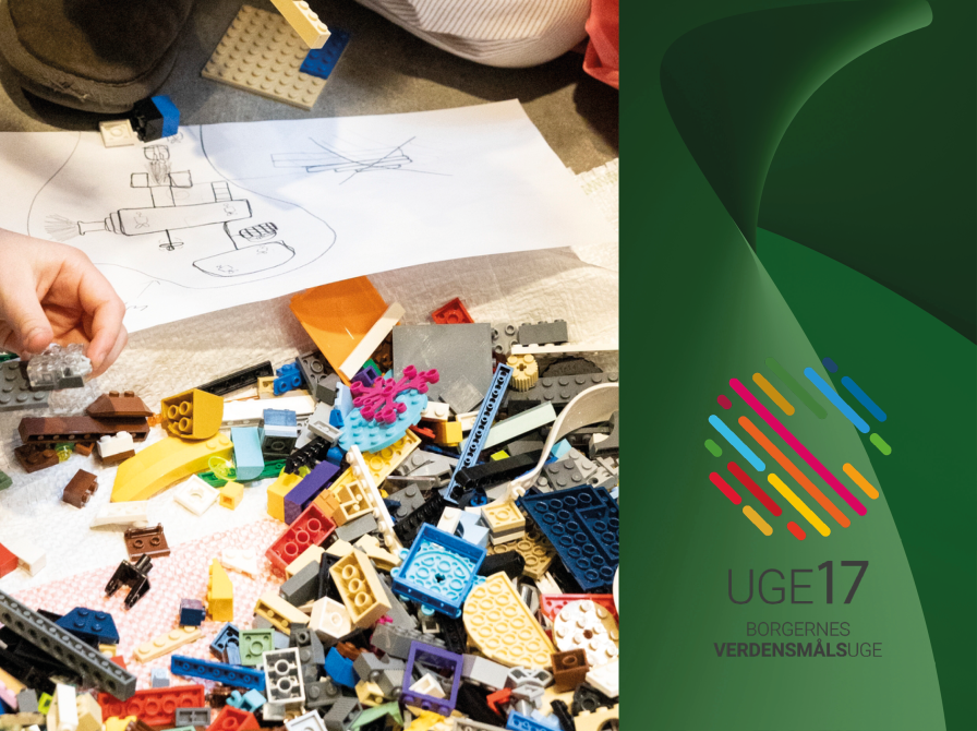 Børn der bygger med legoklodser og Uge 17-logo