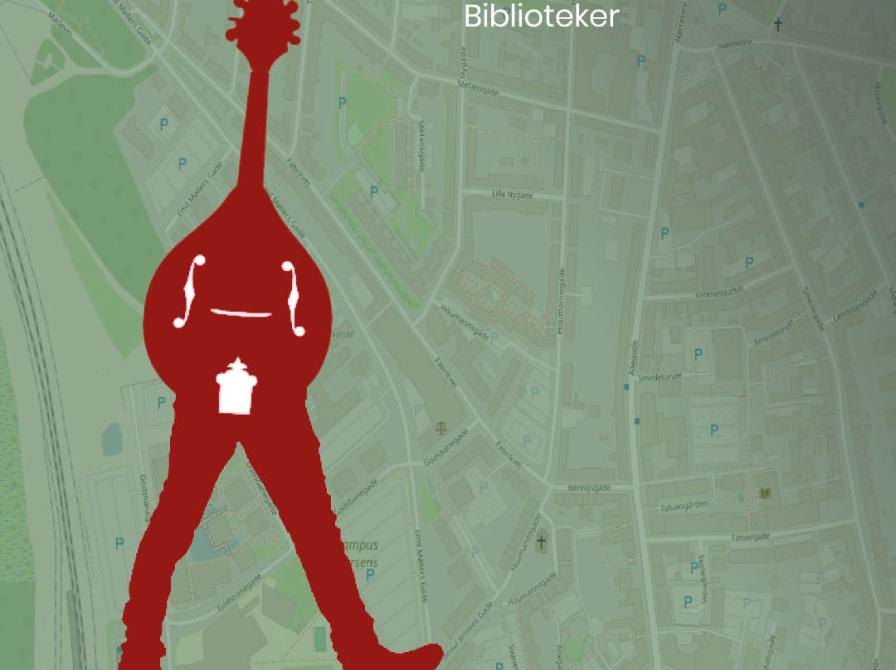 Et bykort over Horsens og en rød mandolin med ben 