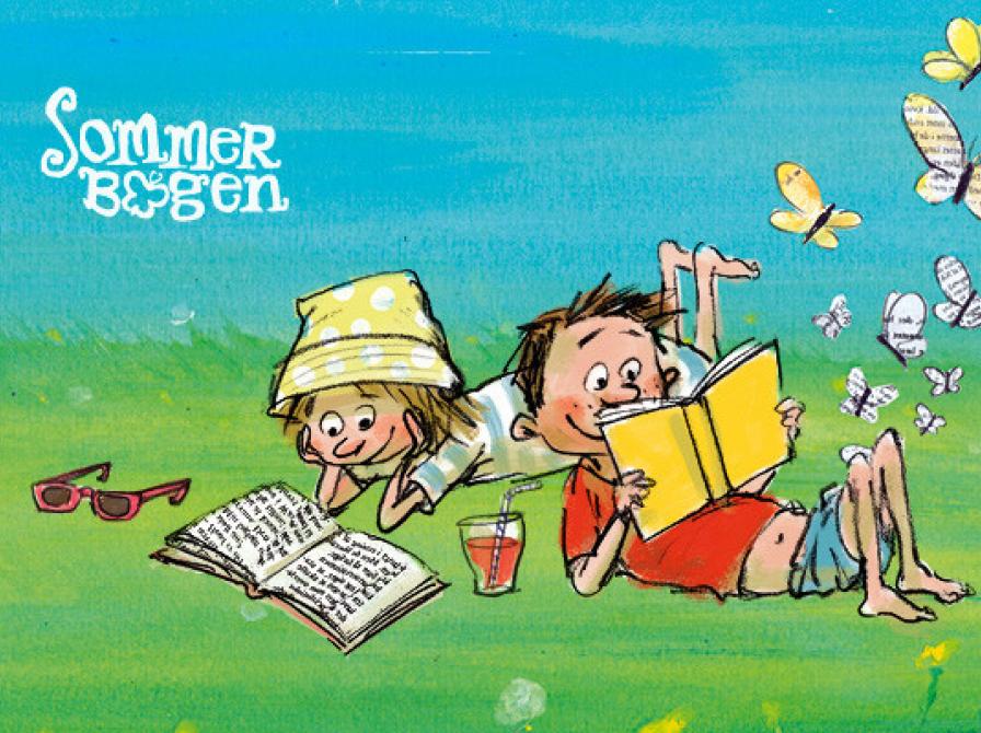 Logobillede for sommerbogen. Tegning af to børn der ligger på græs og læser. Sommerfugle flyver ud af det ene barns bog