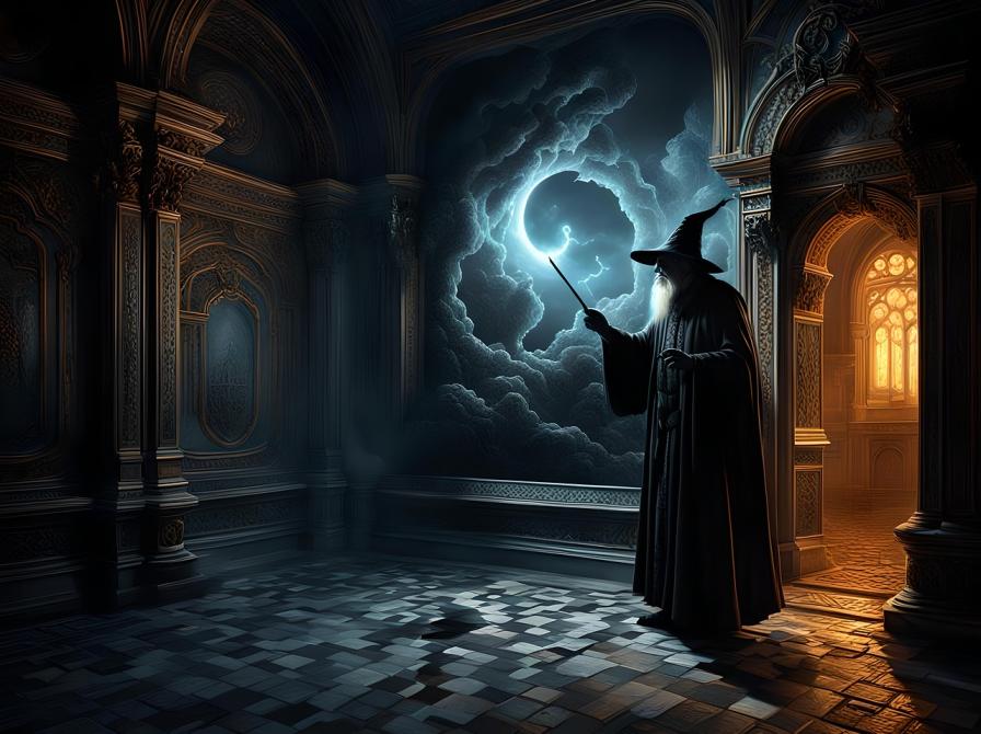 En gråskægget troldmand med tryllestav og hat i et mørkt kammer på en troldmandsskole, med en portal på væggen, der åbner ud til et natligt himmelhvælv