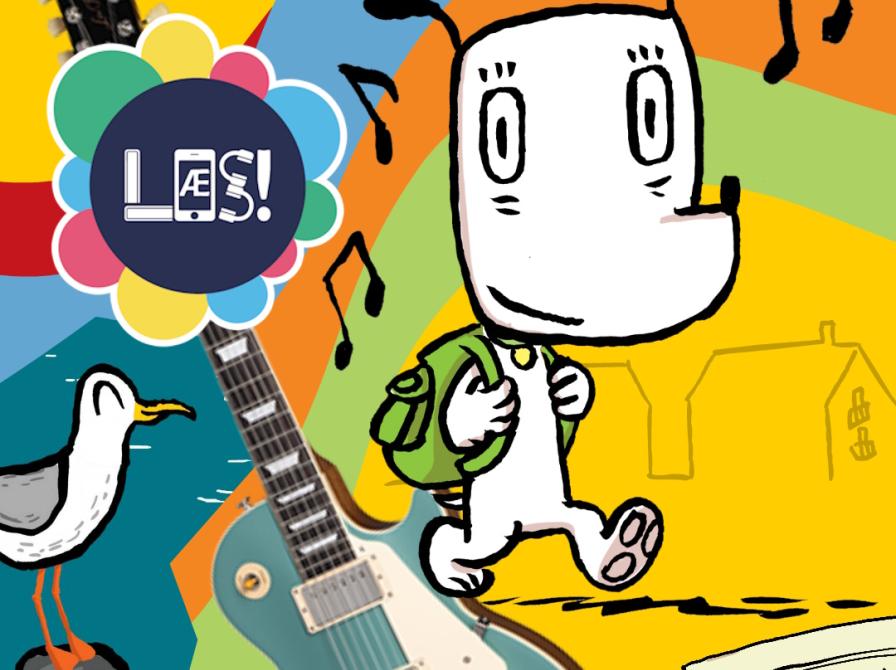 Hunden Ib med skoletaske på ryggen på en farvestrålende baggrund. en måge ser på og der er en elguitar i forgrunden.