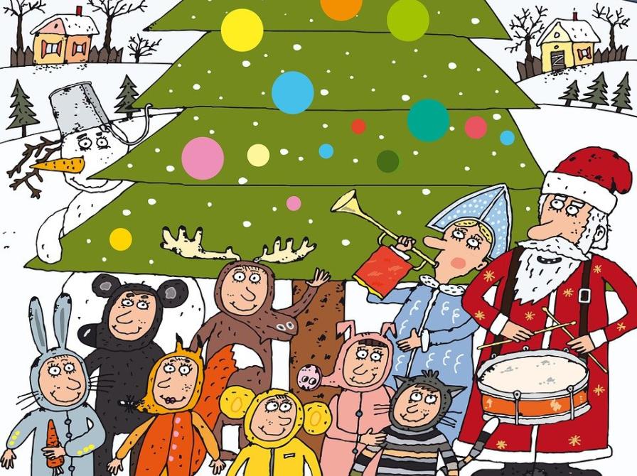 Juletræ med glade mennesker omkring