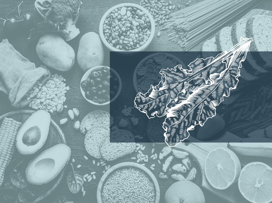 Bord med sunde fødevarer og stregtegning af kålblad