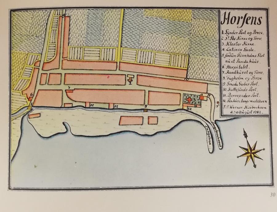 Kort over Horsens, taget fra Weckers bykort, en kortsamling fra 1700-tallet.