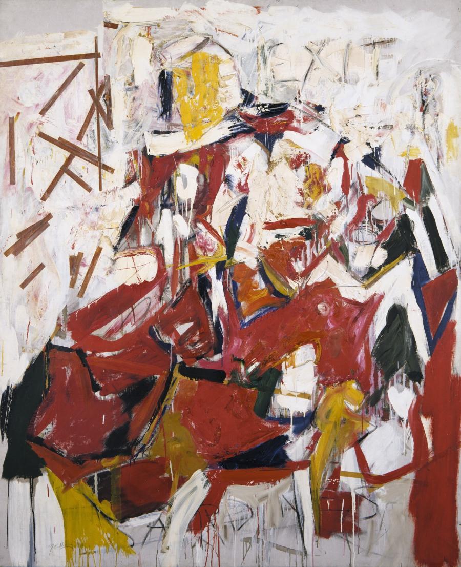 Sardines af Mike Goldberg  1955: abstrakt maleri i røde, gule, sorte og brune farver på en snavset hvid baggrund. Ordet Sardines er malet delvist over i bunden af maleriet. Øverst står ordet "Exit"