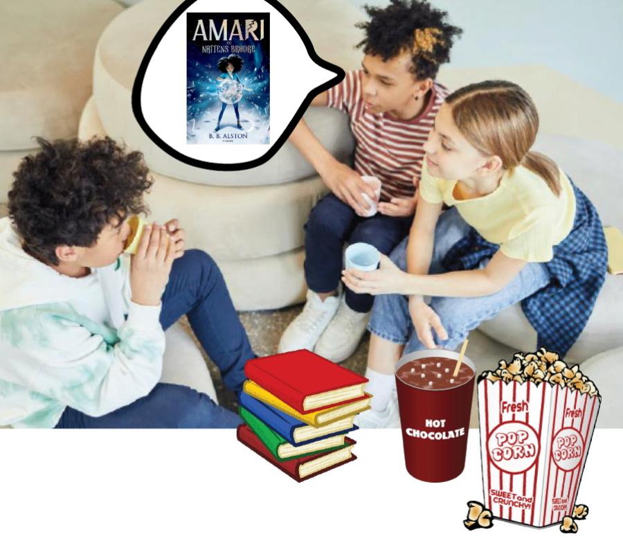 På billedet ses en gruppe børn, som taler sammen. Derudover ses bogen "Amari og nattens brødre" af B. B. Alston og der er et popcornbæger med teksten "popcorn" og en kop med varm kakao med teksten "hot chocolade".